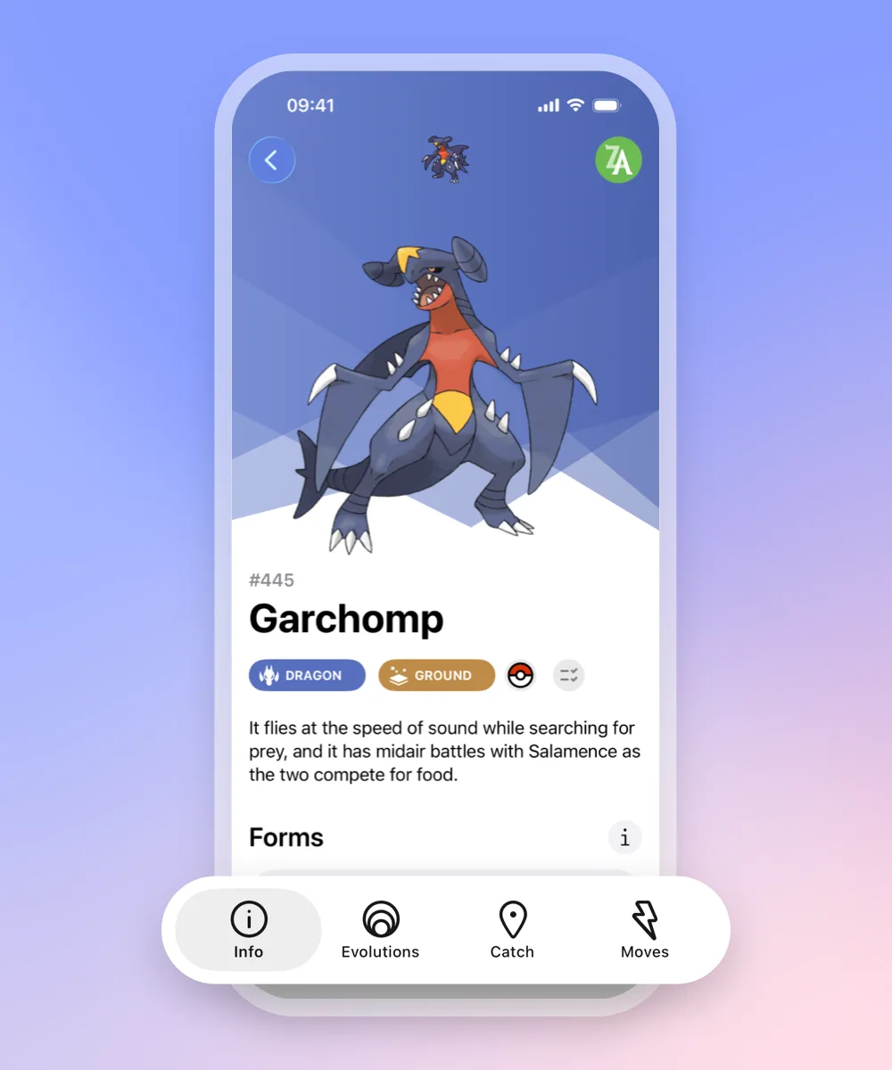 Pokémon details with stats, types, and abilities